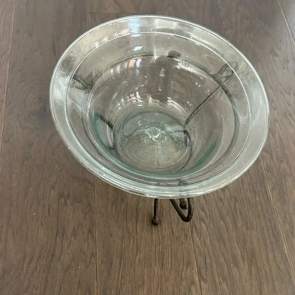 Vintage Glass Bowl with Metal Stand